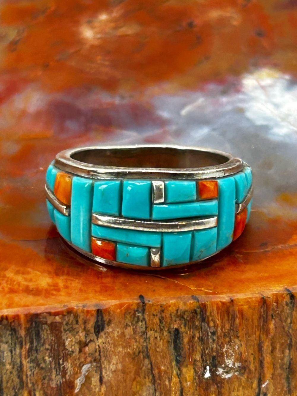 Southwest Turquoise and Coral Inlay Ring, sterling silver - Size 9